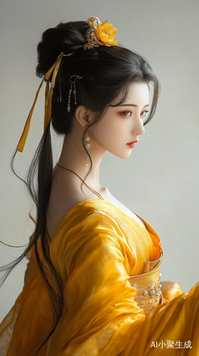 古装美女侧背影插簪嫩黄长裙的艺术插图