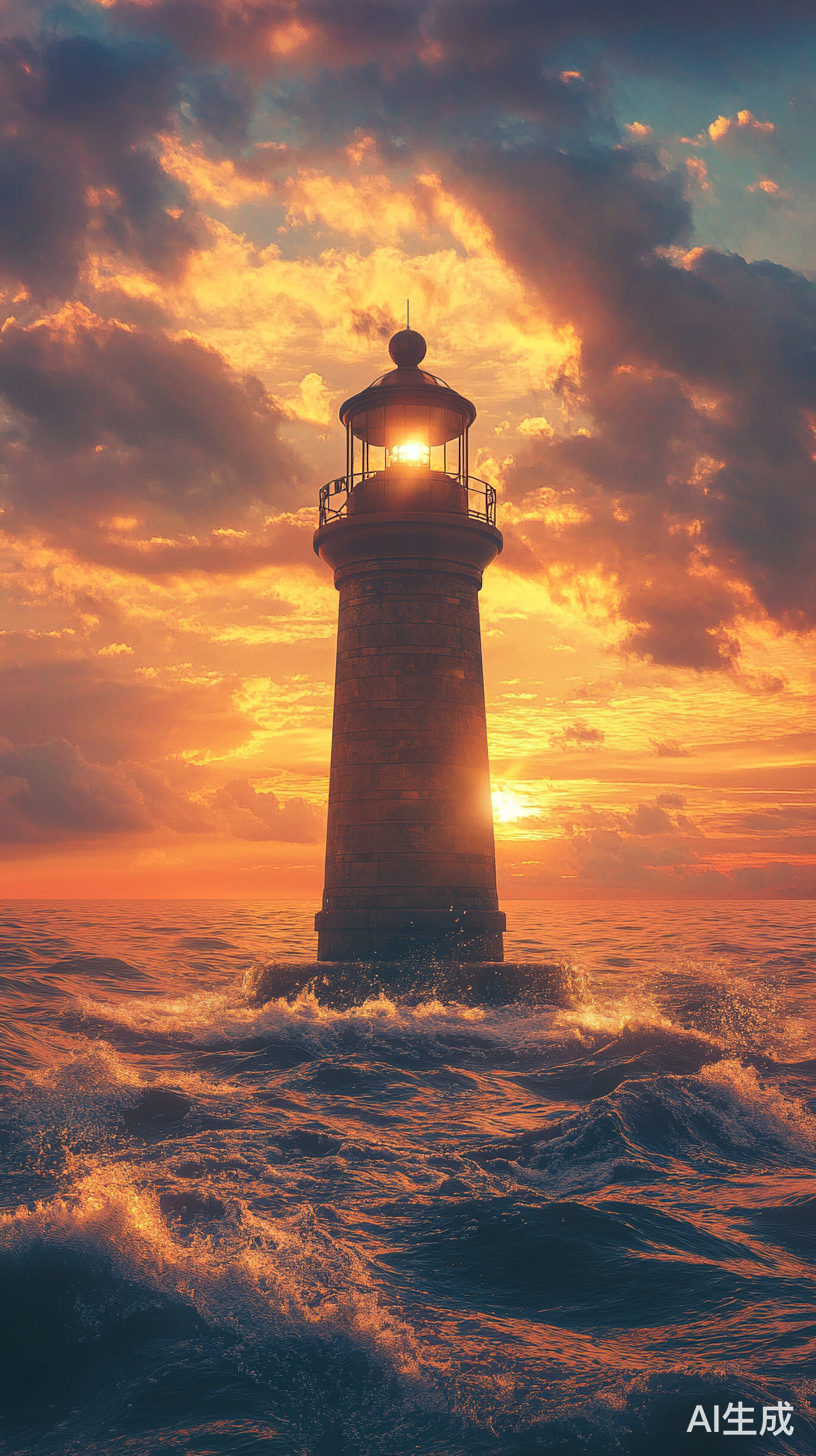 海边灯塔晚霞治愈心灵的温暖景象