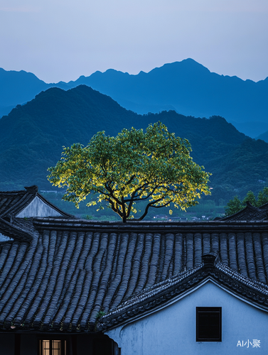 傍晚时分婺源村房屋顶上的柿子树与山峦景色