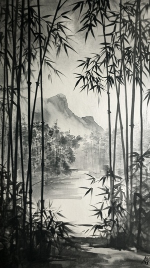 竹林，远景是村落，中国水墨画