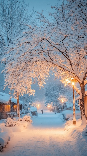 Real landscape shooting, master-level shooting, this is a beautiful snow scene, the village is covered with heavy snow, white camphor trees, ice flowers, many bungalows and trees are covered with thick snow, the snowflakes dance under the illumination of orange street lights, the background is blue , the perspective is surreal, the angle is super wide, the photography is bright and soft, the artistic conception is beautiful, high definition, 8k