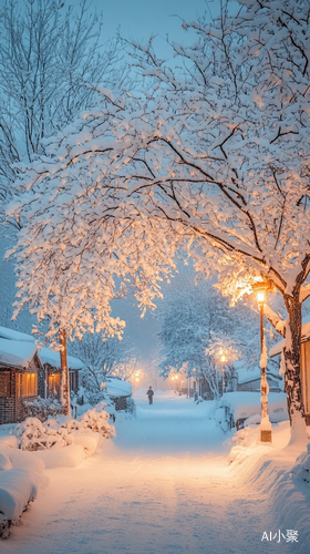 美丽雪景摄影村庄白雪覆盖橙灯照耀下的梦幻视角