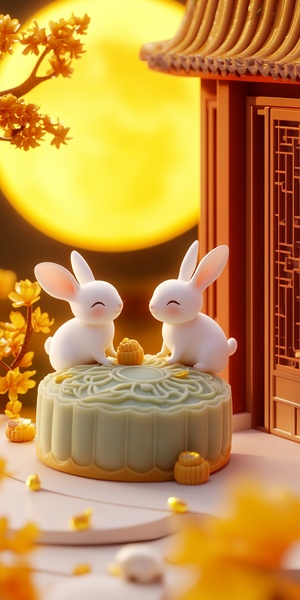 3D illustration, two cute white rabbits sitting around a huge jade mooncake, with a osmanthus tree next to it. This is a Chinese style building, and the background is a huge yellow full moon quality 2 style raw stylize 50