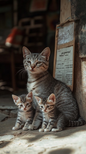 一只流浪的猫妈妈带着四只小猫，坐在一间店铺外面的地上，逼真的摄影，细致的渲染，超高清图像，全身照片，条纹图案，灰黑条纹，自然光线，柔和的色调，温柔的眼神。——基于“增大化现实”技术7:12