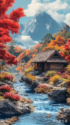 蓝天下花开山丘小屋旁溪水流淌枫树林泛红