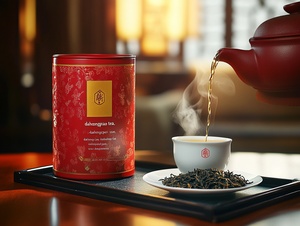 Professional product photography.A striking red tea tin, intricatelydecoratedwith tea leaf motifs andlabeled "Dahongpao Red Tea,"takescenter stage.An elegant Zisha teapot is positioned next to a white porcelain cup labeled"Dahongpao Tea, " with steaming Dahongpaotea being poured into the cup.A small plate displays loose tea leaves, emphasizing product authenticity Set on a rich wooden table with a black leather tray,the scene gains depthfrom a Chinese-style sofa in the background. Warm light