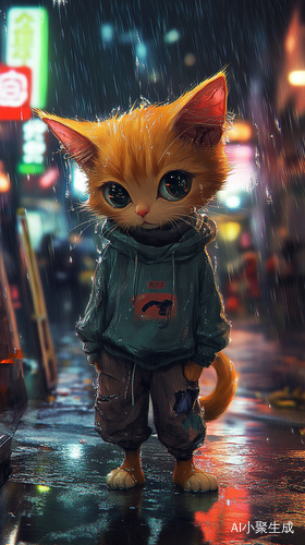 雨夜霓虹下无精打采的小橘猫被淋湿的孤独旅程