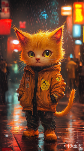 雨夜霓虹下无精打采的小橘猫被淋湿的孤独旅程