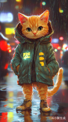 雨夜霓虹下无精打采的小橘猫被淋湿的孤独旅程