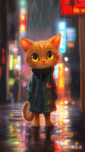 雨夜霓虹下无精打采的小橘猫被淋湿的孤独旅程