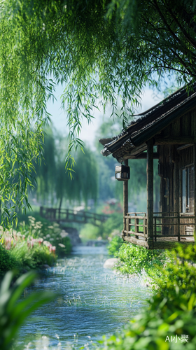 绿竹垂柳小河旁的毛草屋8K高清风景