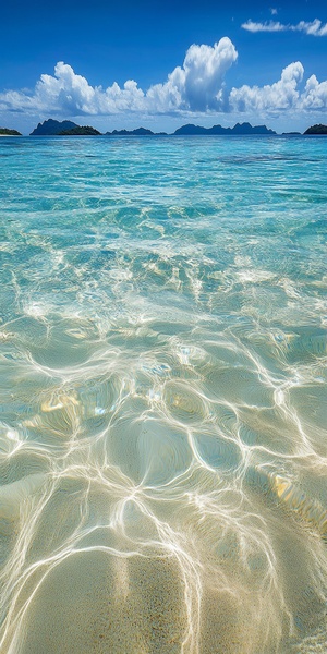 crystal-clear sea water, shimmering like glass. gentle waves lapping against the sand, with distant islands faintly visible against the blue sky.vibrant colors, especially the contrast between the sea and the sky, create a visually stunning scene.rich in details, the transparency and texture of the sea water are captured brilliantly.