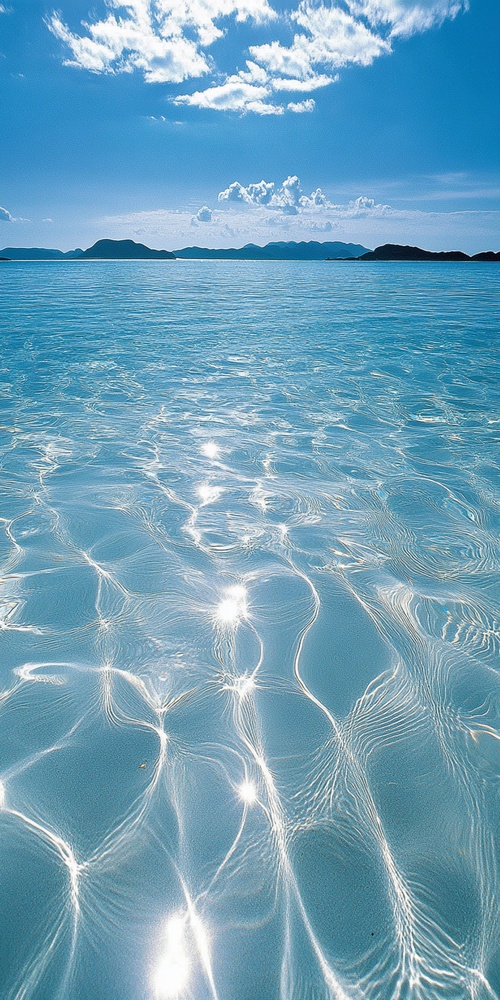 crystal-clear sea water, shimmering like glass. gentle waves lapping against the sand, with distant islands faintly visible against the blue sky.vibrant colors, especially the contrast between the sea and the sky, create a visually stunning scene.rich in details, the transparency and texture of the sea water are captured brilliantly.