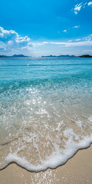 crystal-clear sea water, shimmering like glass. gentle waves lapping against the sand, with distant islands faintly visible against the blue sky.vibrant colors, especially the contrast between the sea and the sky, create a visually stunning scene.rich in details, the transparency and texture of the sea water are captured brilliantly.