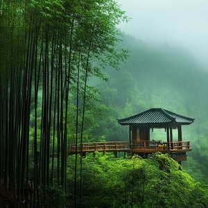 天空下着雨，竹林里，一个小屋，可以喝茶，很舒服惬意，风景自然很治愈，很有安全感。