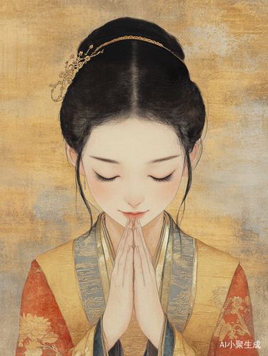 忧郁少女在水墨中的祈祷与神秘美