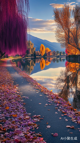 双向马路旁紫色柳树与湖水倒影的全景