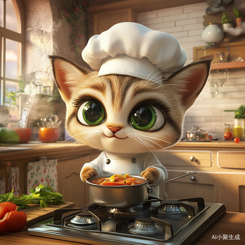 可爱猫咪厨师在厨房中烹饪的卡通场景