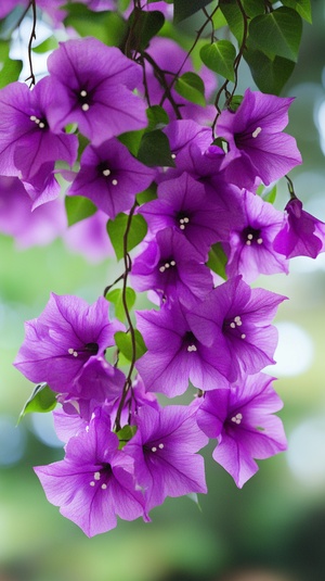 The image features a beautiful bouquet of purple flowers hanging from a tree branch The flowers are in full bloom, displaying a vibrant purple color that contrasts with the green leaves of the tree The close-up view of the flowers highlights their delicate petals and intricate details, making the image visually appealing and captivating The overall scene evokes a sense of natural beauty and tranquility, as the flowers gracefully sway in the breeze