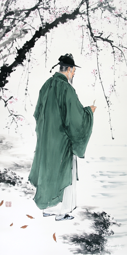 春天江南水乡的孤舟与细雨古装老者