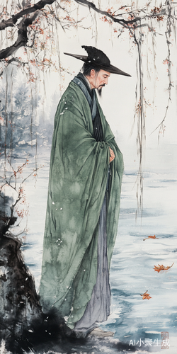 春天江南水乡的孤舟与细雨古装老者