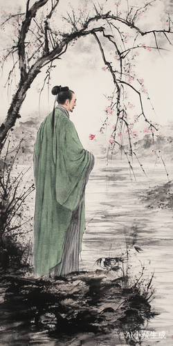 春天江南水乡的孤舟与细雨古装老者