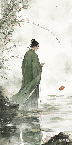 春天江南水乡的孤舟与细雨古装老者