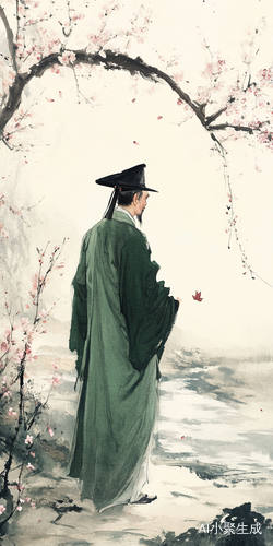 春天江南水乡的孤舟与细雨古装老者