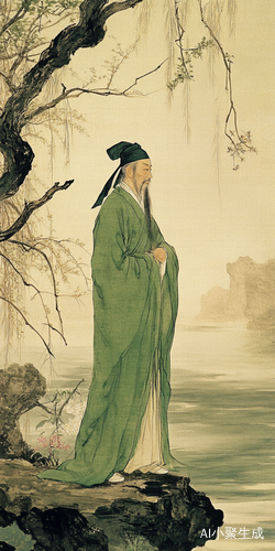 春天江南水乡的孤舟与细雨古装老者