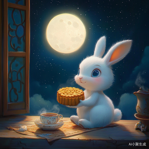 可爱小白兔吃月饼夜晚星空下的皮克斯场景