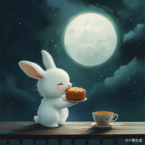 可爱小白兔与香酥月饼的夜晚景致