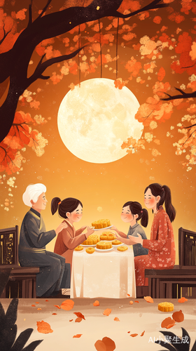 中秋节全家团圆吃月饼的温馨插画