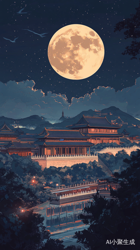 中秋节故宫长城风景插画展现节日氛围