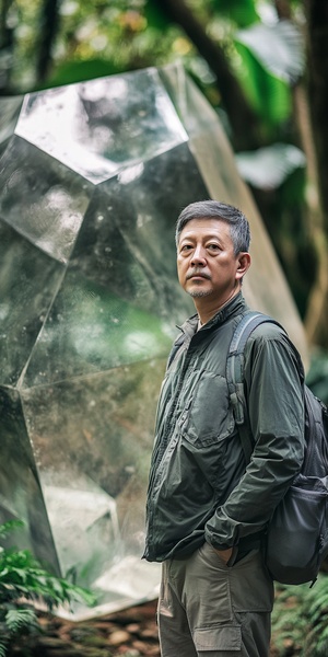 Portrait photography, middle-aged Asian male with travel bag standing in front of a huge crystal cube in the rainforest, mid-distance close-up, background neutral cube surface smooth as mirror, foreground bokeh, shaped like Anastasia · Dobrovoskaya, natural style camouflage, emphasizing facial expressions, gray academic, cobra, Tyco · Salinen AR 3：4 S 750 V 6.0