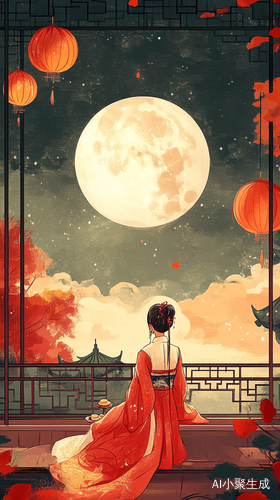 中秋节兔子与嫦娥的月亮风景插画
