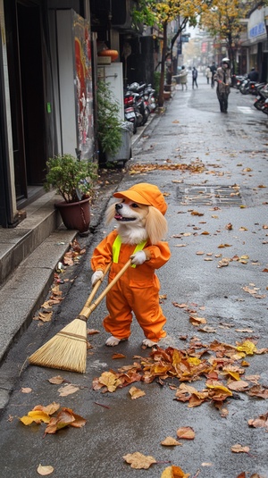 一条街道的路边，一个橘白色萨摩狗狗拿着扫帚在扫地。在扫地，（橘黄色的工作服），（黄色反光条），（橘黄色帽子），（面相和善），（满脸笑容），（衣装朴素），（干净整洁），（很大的竹扫把），地上有许多落叶，行人不多，沧桑的脸，粗糙的手