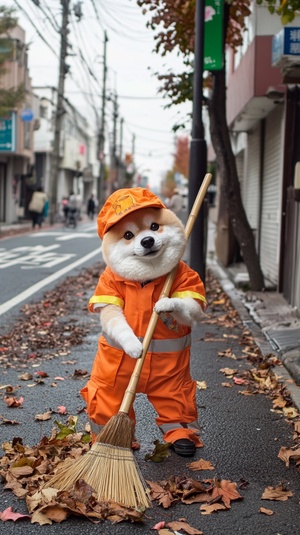 一条街道的路边，一个橘白色萨摩狗狗拿着扫帚在扫地。在扫地，（橘黄色的工作服），（黄色反光条），（橘黄色帽子），（面相和善），（满脸笑容），（衣装朴素），（干净整洁），（很大的竹扫把），地上有许多落叶，行人不多，沧桑的脸，粗糙的手