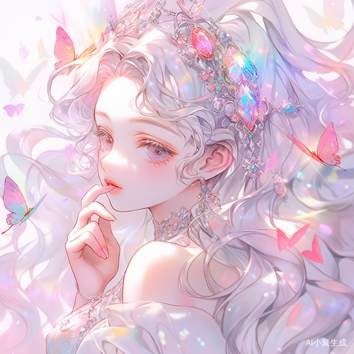 可爱女孩手捧彩虹水晶的梦幻幻想艺术作品