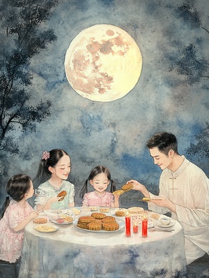 中秋夜月圆家团圆五彩月饼香气四溢