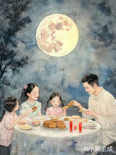 中秋夜月圆家团圆五彩月饼香气四溢