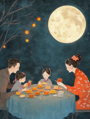 中秋夜月圆家团圆五彩月饼香气四溢