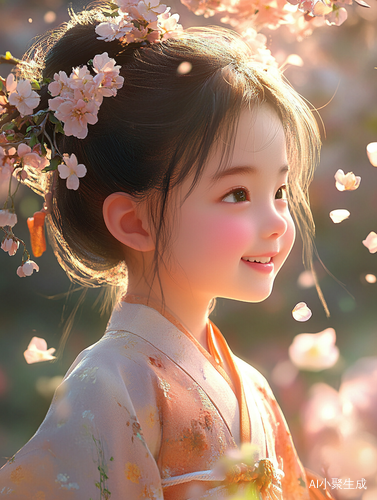 温馨童趣中国小孩微笑与花朵环绕的柔和画面