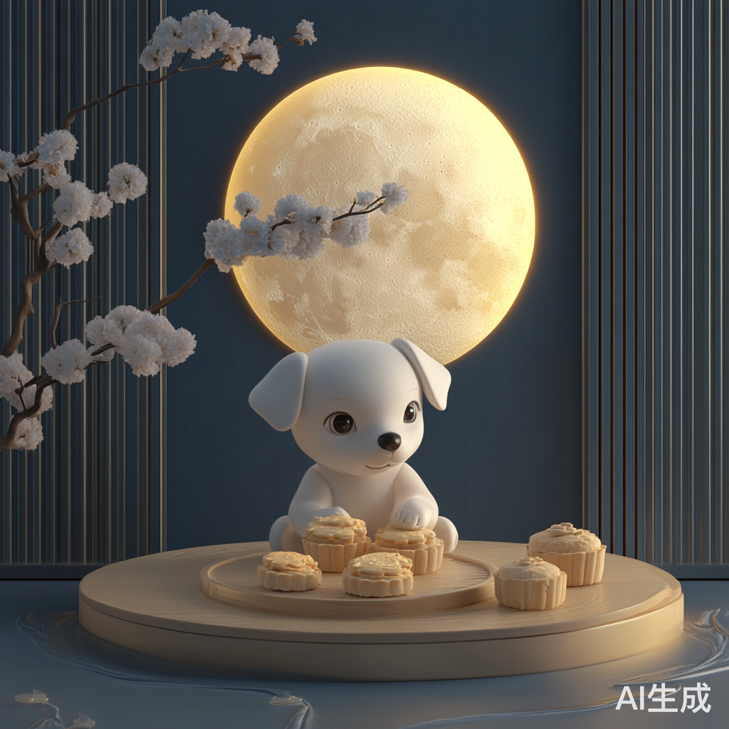 小狗在圆月下制作月饼