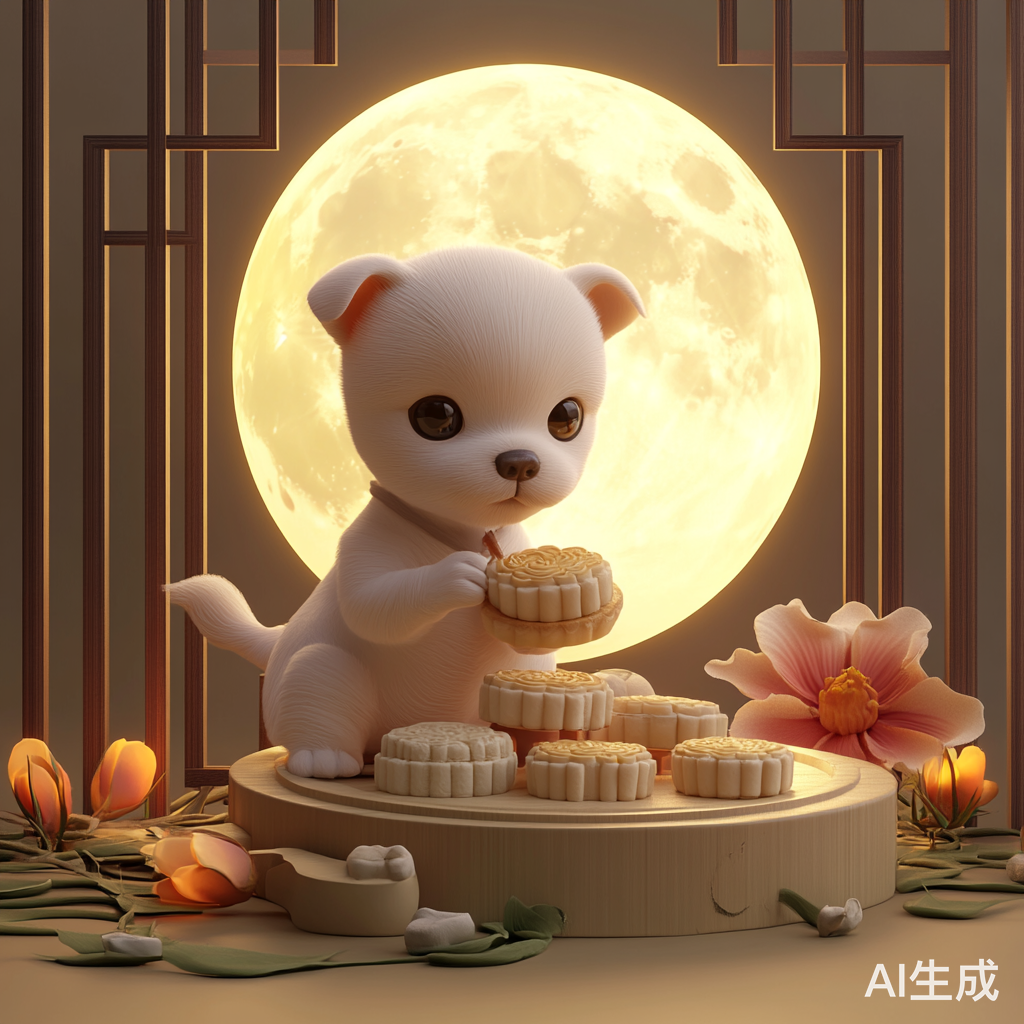 小狗在圆月下制作月饼