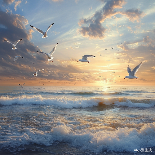 海边日出傍晚海鸥飞翔与汹涌海浪