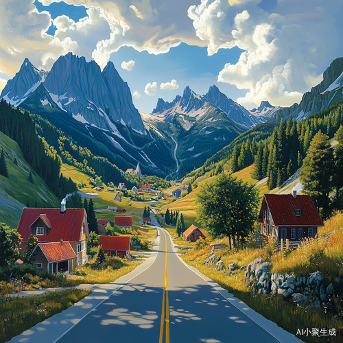 大山环绕的马路与道路两旁的住房