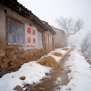 冬天雪地雾蒙蒙，一条崎岖的小路，尽头有三两间土坯房子，窗户用塑料遮挡，贴着红红的对联，有“春”字和“福”字，还有几堆用秸秆堆砌而成，周围是荒芜的空地，都覆盖着雪村庄