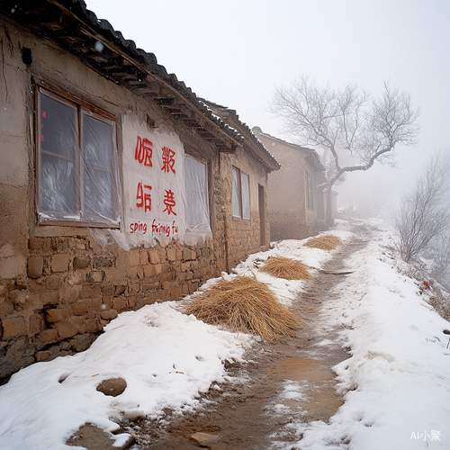 冬季雪地小路旁的土坯房与红色对联