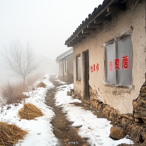 冬天雪地雾蒙蒙，一条崎岖的小路，尽头有三两间土坯房子，窗户用塑料遮挡，贴着红红的对联，有“春”字和“福”字，还有几堆用秸秆堆砌而成，周围是荒芜的空地，都覆盖着雪村庄