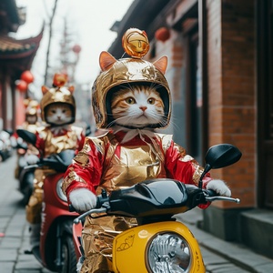 大街上，猫穿着美团外卖员服装，戴着头盔，骑着摩托车